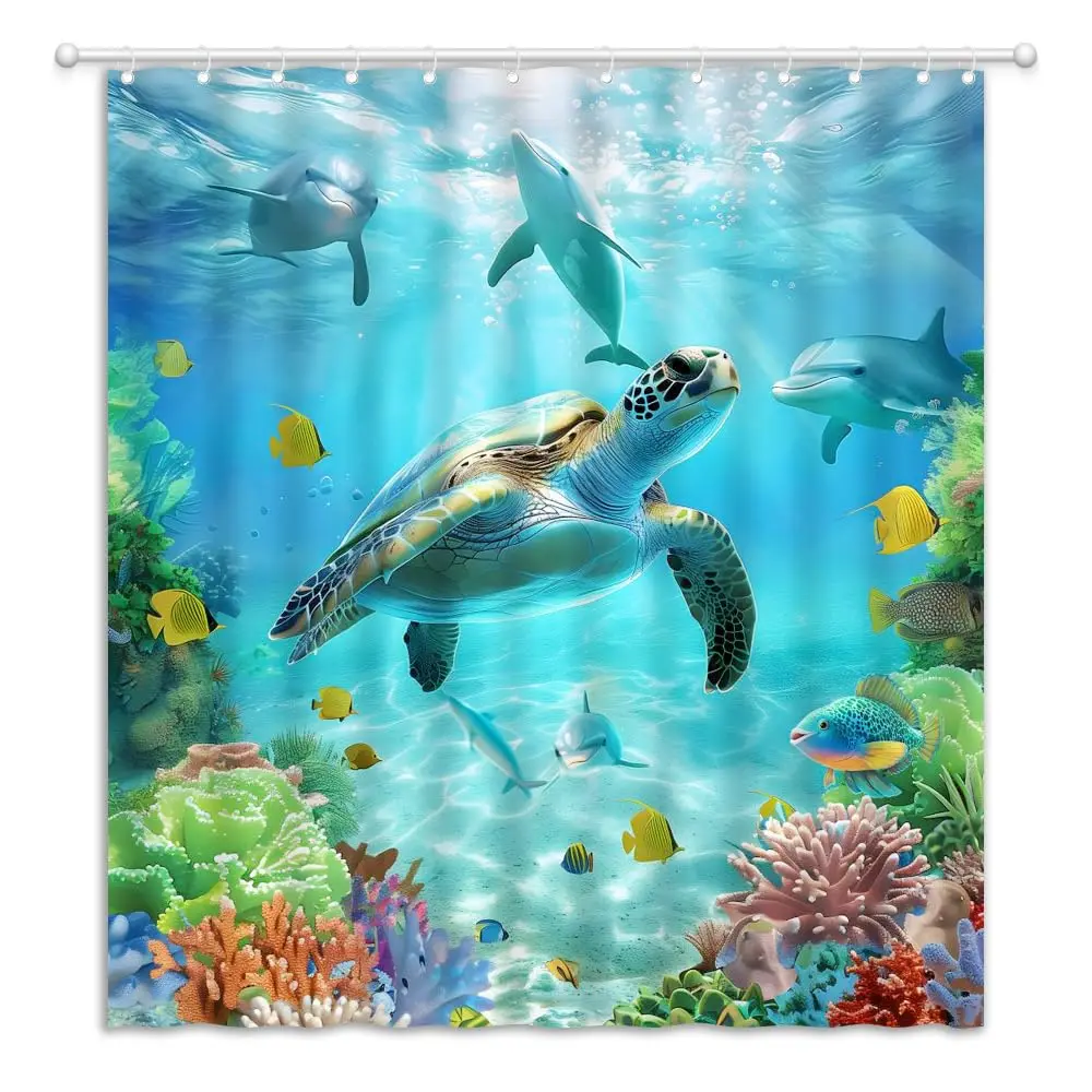Underwater World Shower Curtain,Ocean Tropical Fish Turtle Dolphin Bathroom Curtain Polyester Waterproof Bath Curtain with Hooks