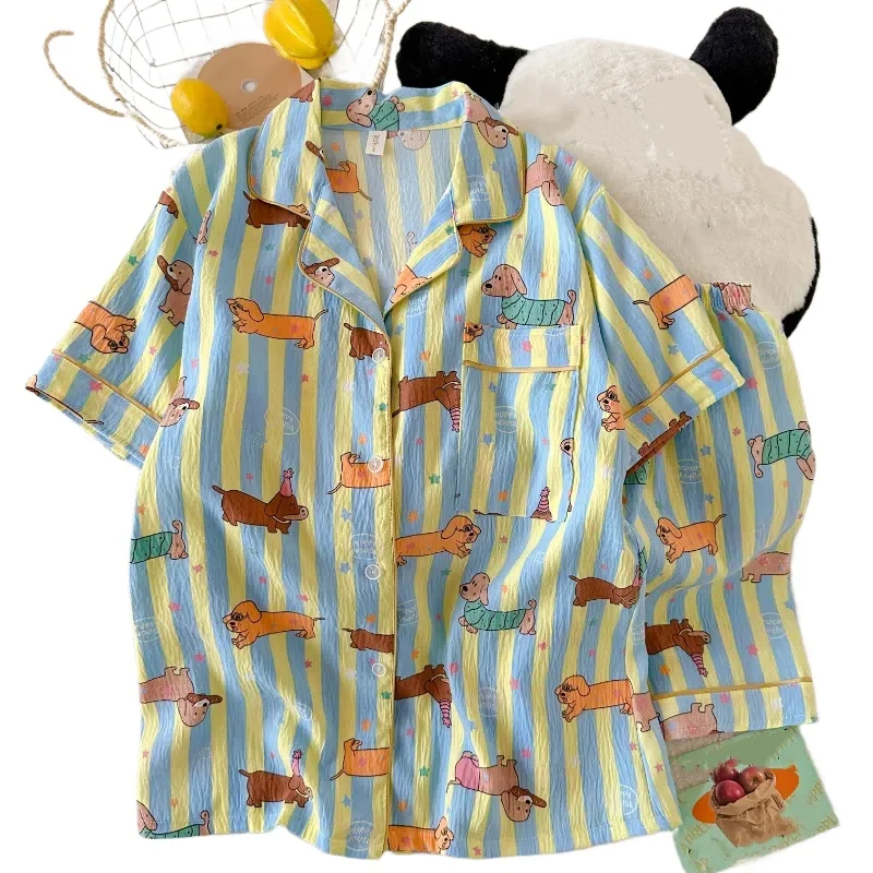 

Women's Summer Homewear New Sweet Cute Striped Dog Pattern Pajamas Fashionable Collar Women's Pajamas Casual Can Be Worn Outside