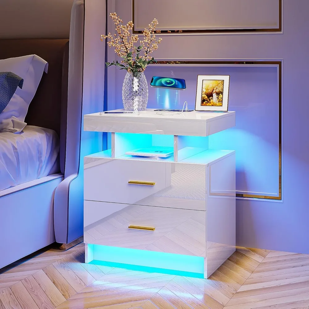 Auto LED Nightstand with Wireless Charging Station & USB Ports,High Gloss Bedside Tables with 2 Drawers,Floating Nightstan