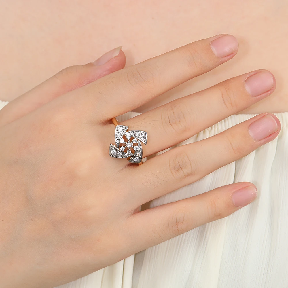 Geometric Windmill Zircon Earrings & Ring Set, 14K Gold Plated