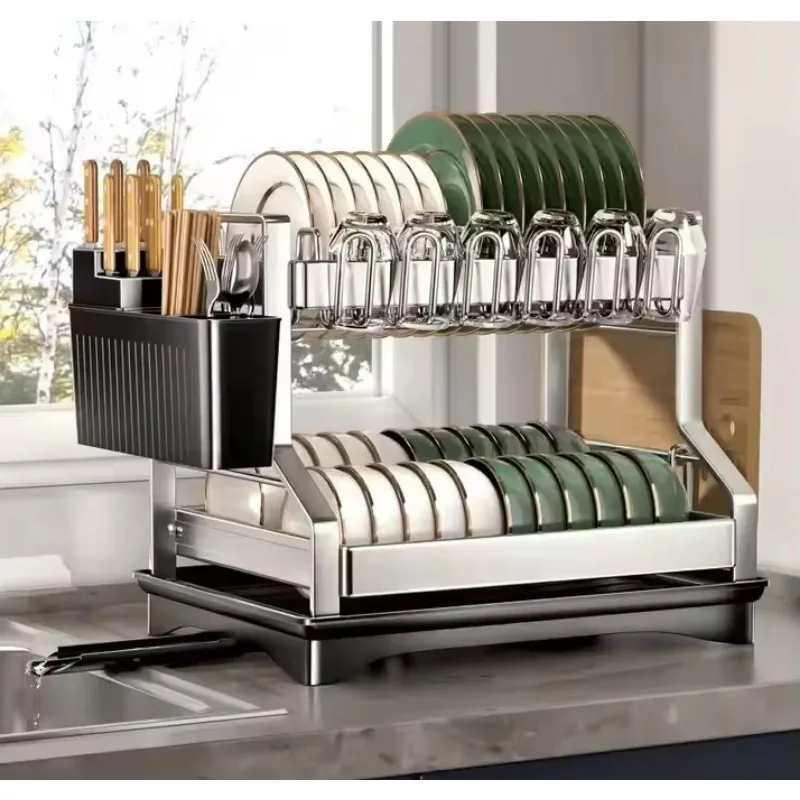 

2-Tier Kitchen Organizers and Storage Rack with Cutlery Holder Big Capacity Stainless Steel Dish Drying Rack for Kitchen Counter