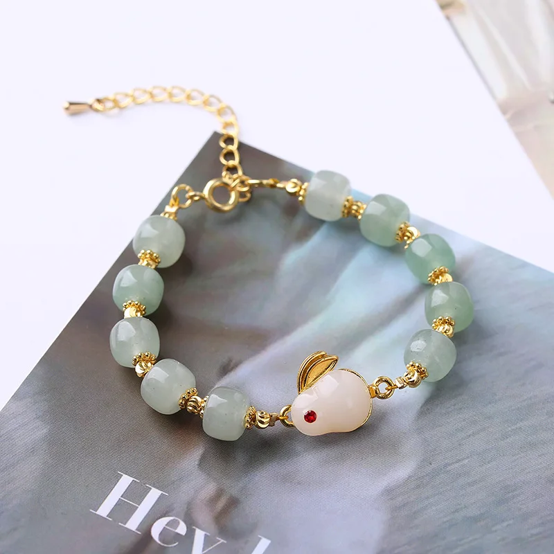 Women's 2026 Chinese Style Natural Green Aventurine Jade Beaded Bracelet White Jade Rabbit Charm Adjustable For Zodiac Year Dail