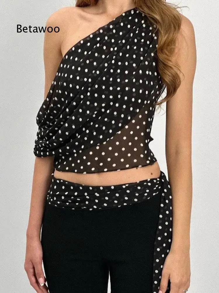 Ladies Asymmetric One Shoulder Mesh Tank Top Polka Dot Pattern Ruched Sleeveless Slim Crop Top for Dating Going Out Events