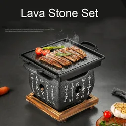 Lava Hot Cooking Stone with Stove Set Japanese Steak Hot Stones Indoor Grill Sizzling Hot Steak Stone Cooking Rock Set