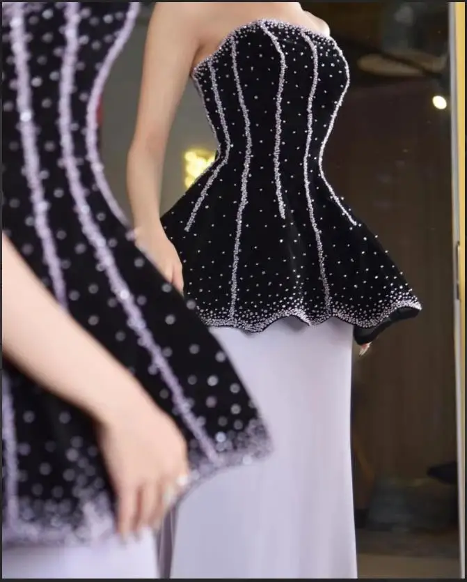 Sukienki wieczorowe bez ramiączek z baskinką w kolorze fioletowo-czarnym dla kobiet, zdobione koralikami, eleganckie vestidos de fiesta.