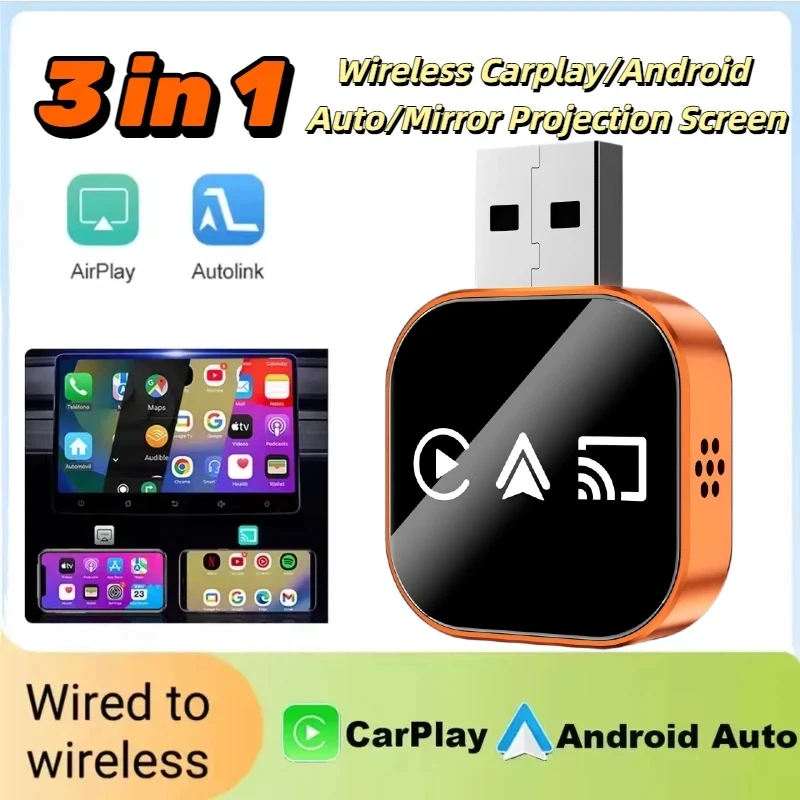 

Адаптер 3-в-1 для беспроводного CarPlay и Mirror Link: мгновенное преобразование проводного подключения в беспроводное, Plug & Play для Apple и Android