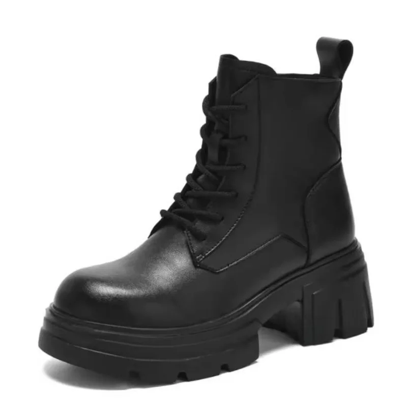 

Genuine Leather Shoes Chunky Combat Boots For Women's 2025 Edition Lace Up Ankle Boots Round Toe Slim Square High Heels