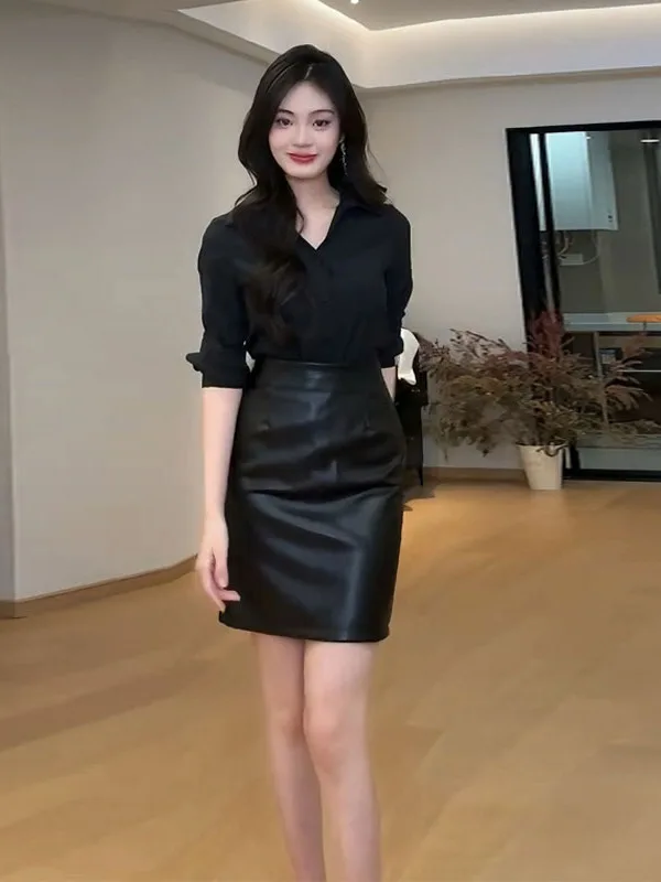 

Elegant Black Shirt And Skirt Set for Women Slimming Professional Workwear Spring 2025 Long Sleeve Button up Two Piece Suit