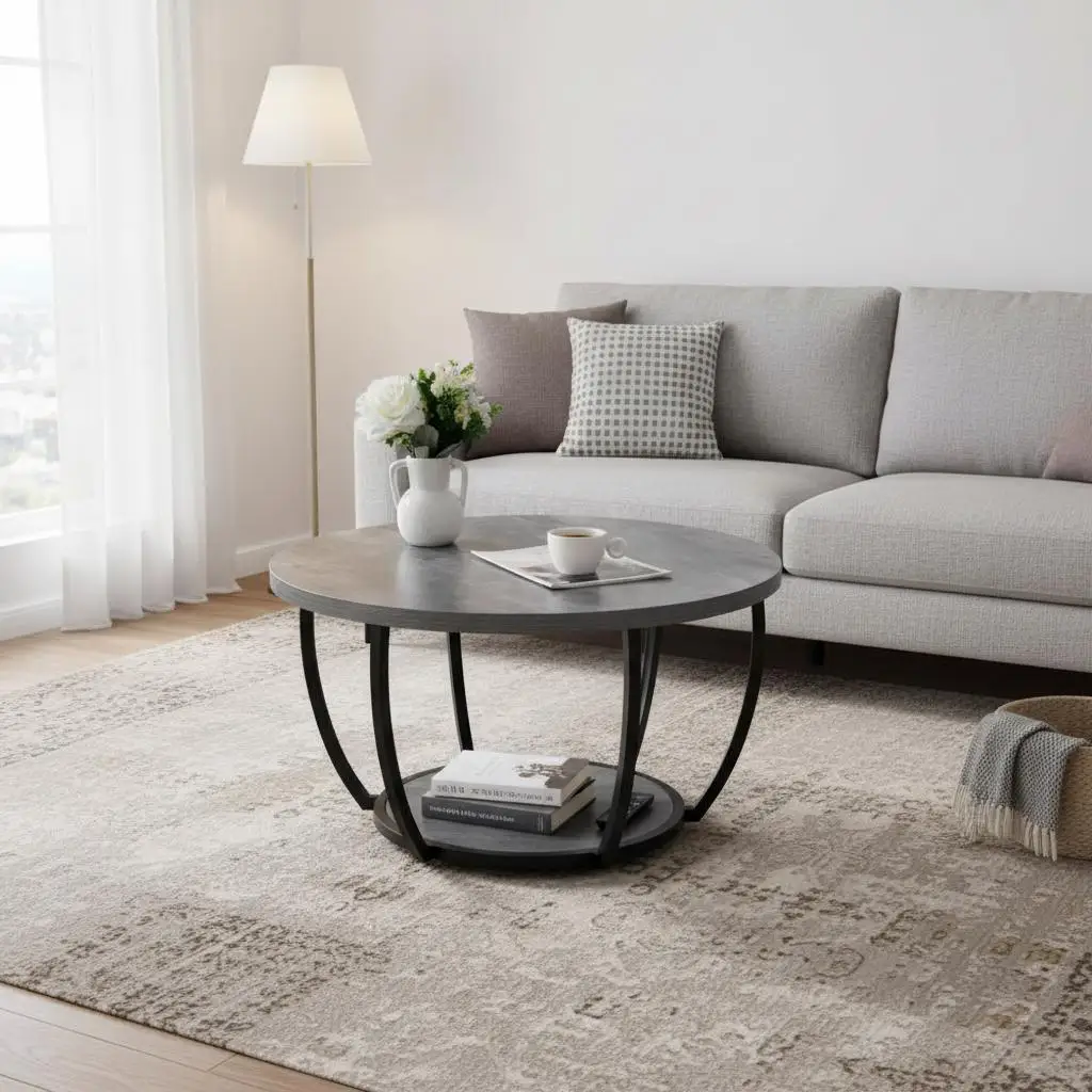 

Low Profile Circular Centerwork 31x31x18 Inches Living Room Office Dual Level Timber Top Open Shelf Storage Minimalist Iron S