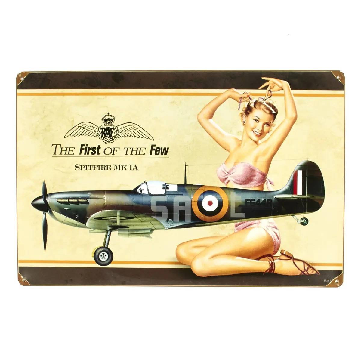 British WW2 Vintage Metal Sign Spitfire MkIA Pinup Girl