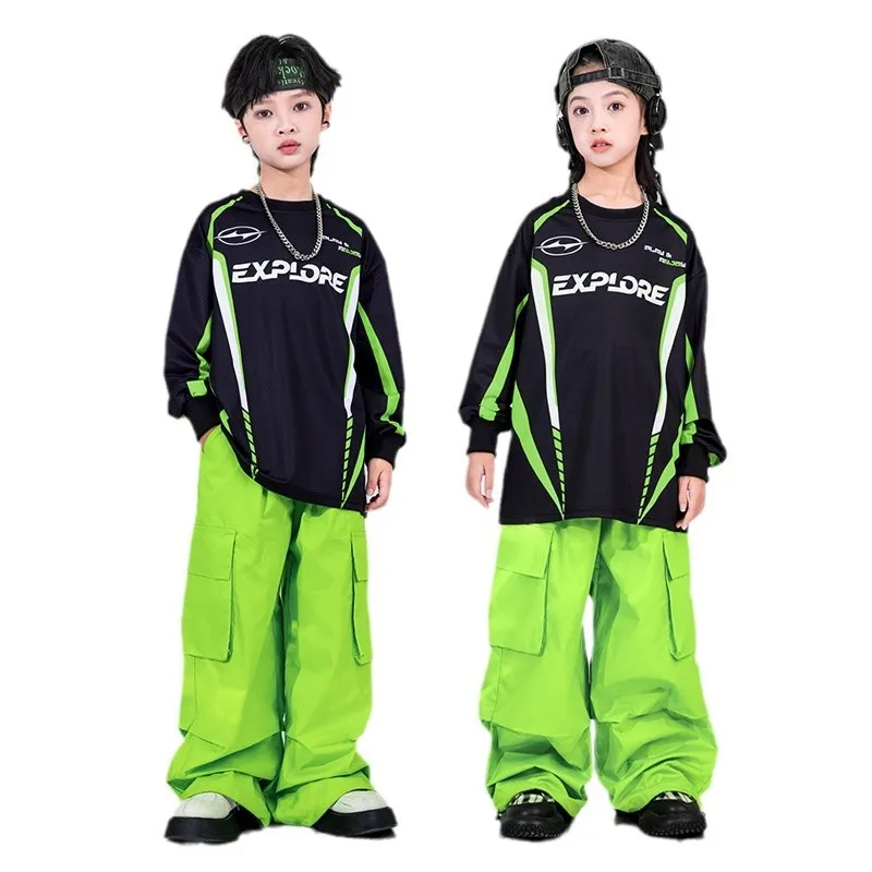 

Girls K-pop Sweatshirt Street Dance Green Cago Pants Boys Hip Hop Clothes Set Kids Loose Jazz Skirts Children Numbers Streetwear