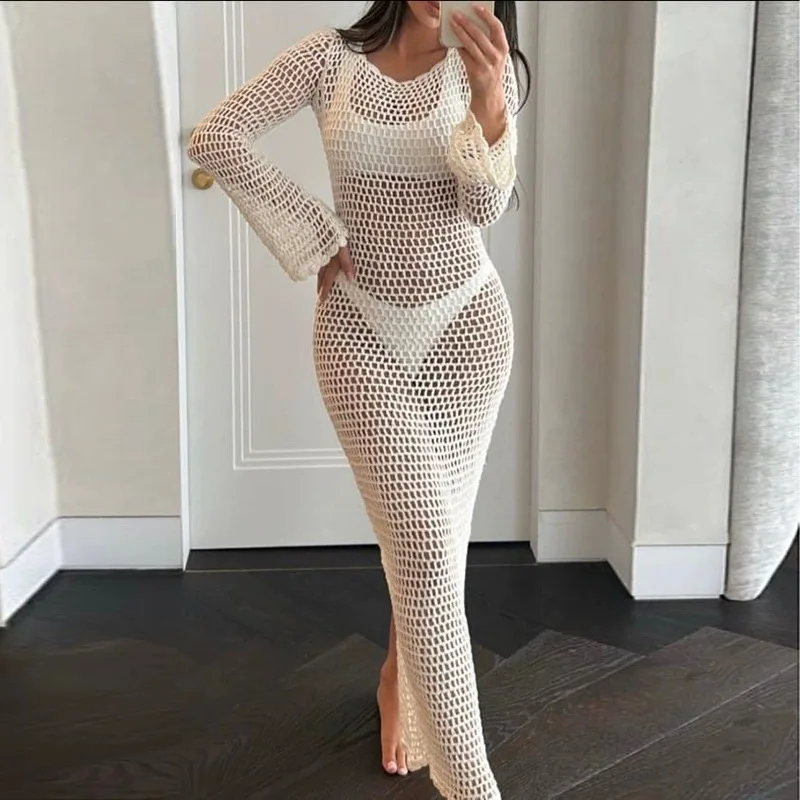 Para Praia Hollow Out Knitted Long Dress 2025 Beach Dress Bikini Cover Swimwear Cover Ups Sexy Beach Outfits for Women Beachwear