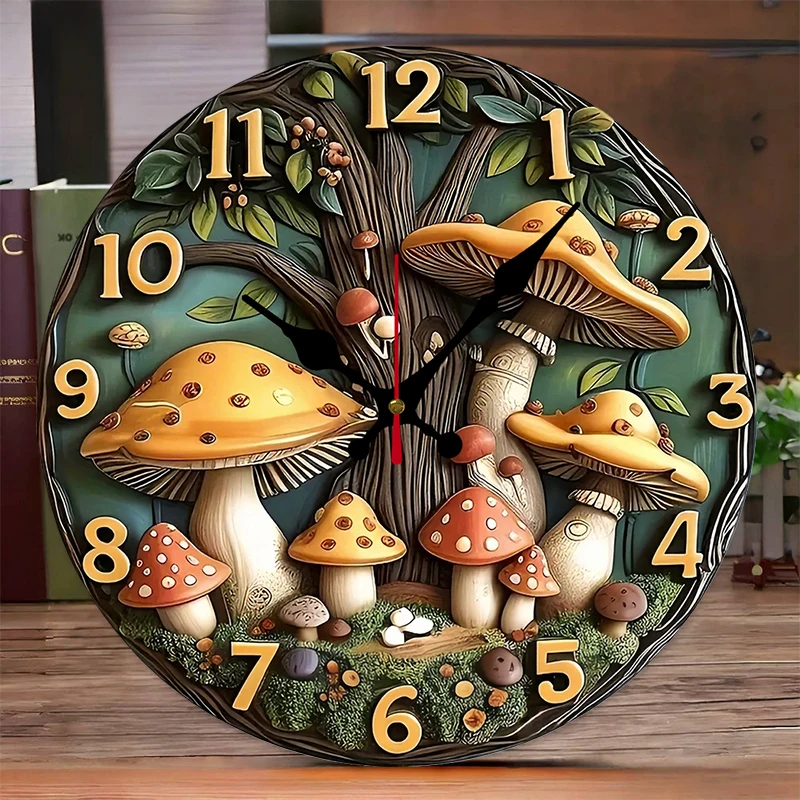 2D Cute Mushroom Tree Wooden Round Silent Hanging Wall Clock, Suitable for Living Room,Bedroom, Wood Clock Art Home Decoration