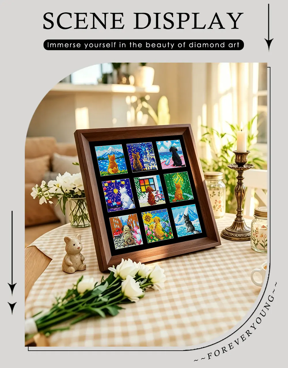 9 Grid Dog Travel Scenery Diamond Painting Kit, Puppy Back View Pixel Art, Square + AB + Crystal Diamonds, 30×30cm. view 3