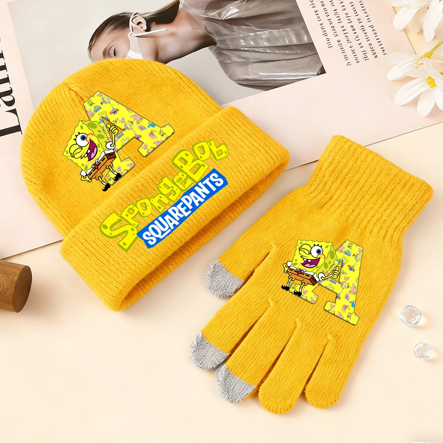 Spongebobs Knitted Hat Gloves 2pcs Set Cartoon Letter Knitted Cap Yellow Anime Hat Knit Gloves Suit Skullies Beanies Kids Gift