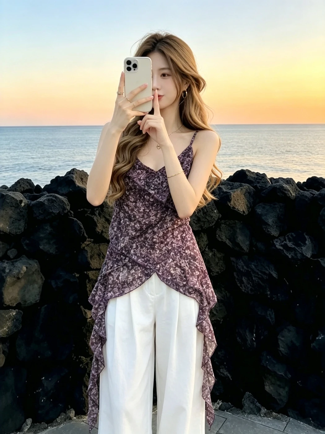 Summer Floral Print off Shoulder Chiffon Top Women's Sleeveless Vest Belted Waist Cinched Tie Back Thin Style Commute Fashion