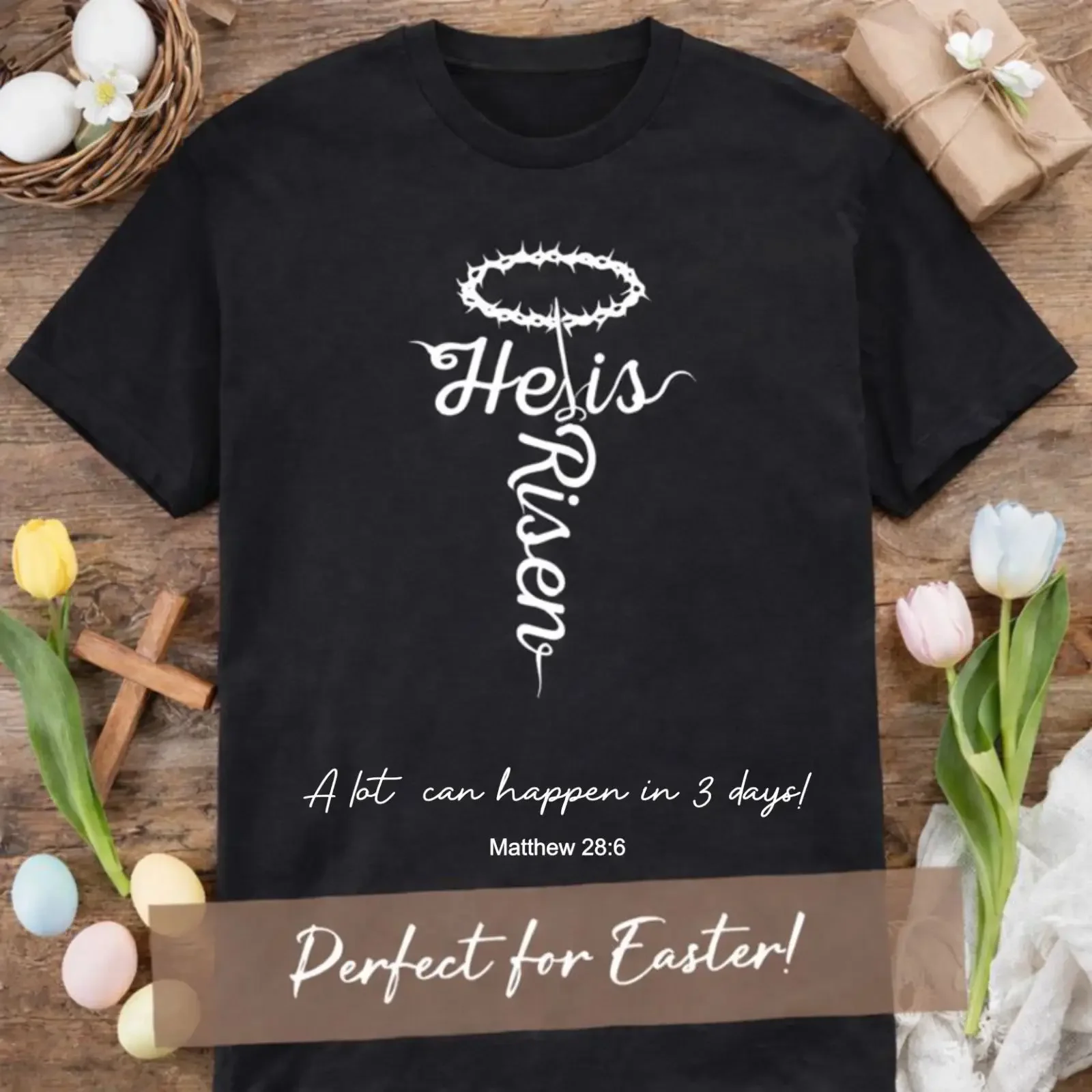 Er ist auferstanden christlich T Shirt Ostern Jesus Glaube Kreuz religiös Herren Damen vintage Washed homme Comfortable