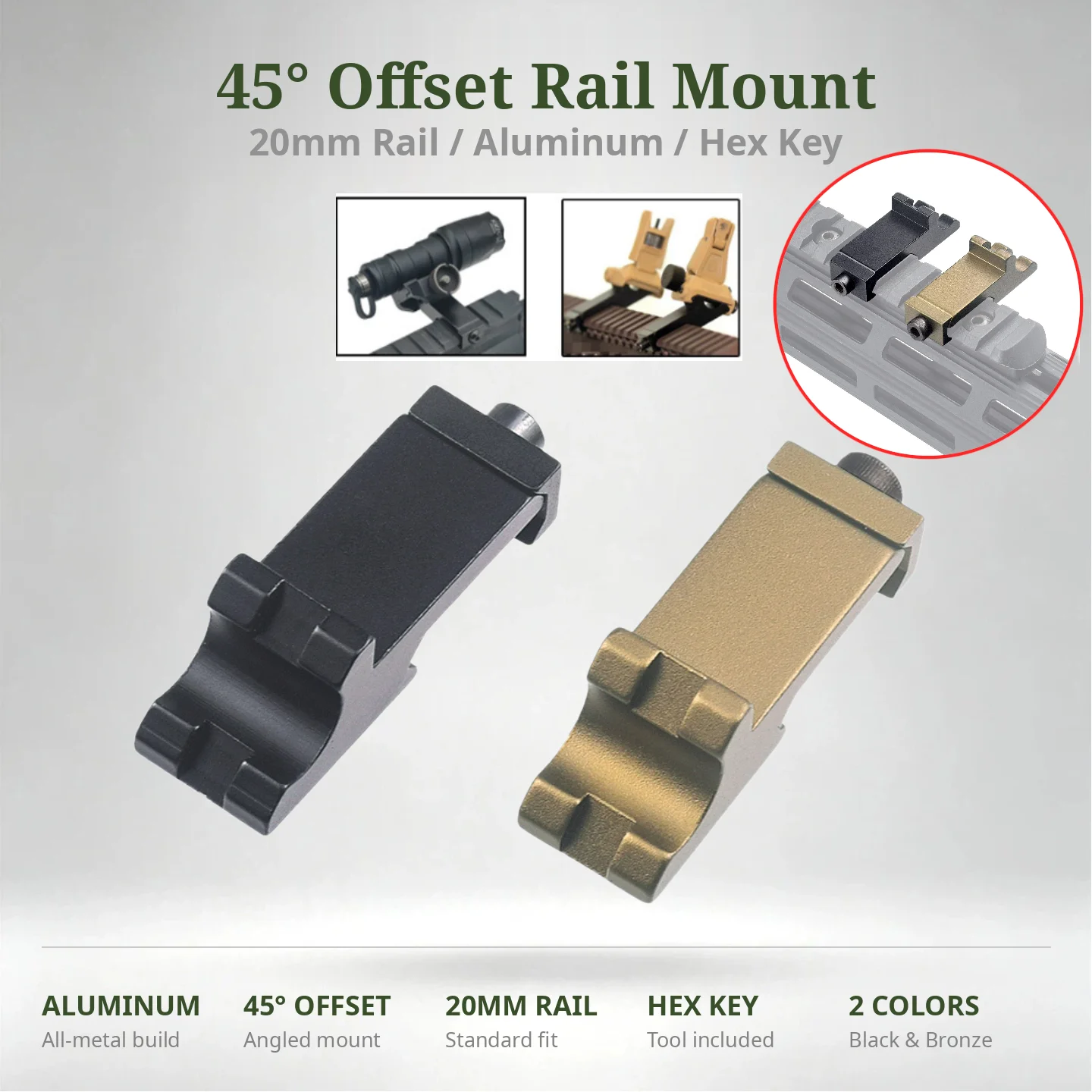 Degree Offset Picatinny Rail Mount, Aluminum Tactical Canted Side Clip Adapter, Mini Flashlight Laser Holder for AR15 Airsoft