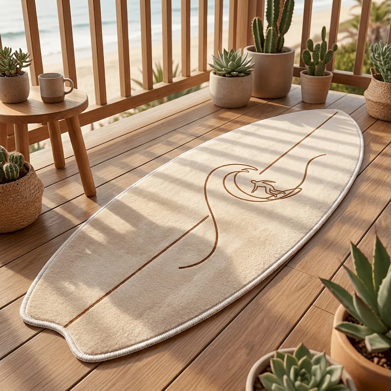 VIKAMA Surfboard Shaped Printed Wheel Carpet Soft Anti Slip Carpet Entrance Bedroom Unique Coastal Style Home Decoration