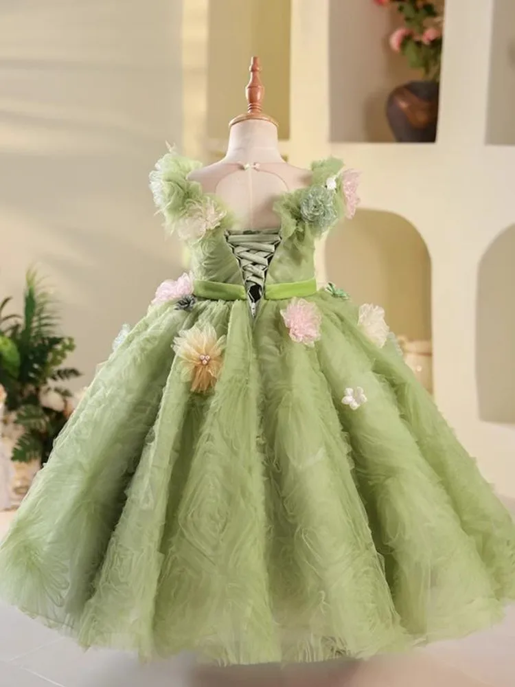 Children's Wedding Birthday Party Prom Evening Dress Sleeveless Appliques Design Green Flower Girl Dresses A3761 Vestidos