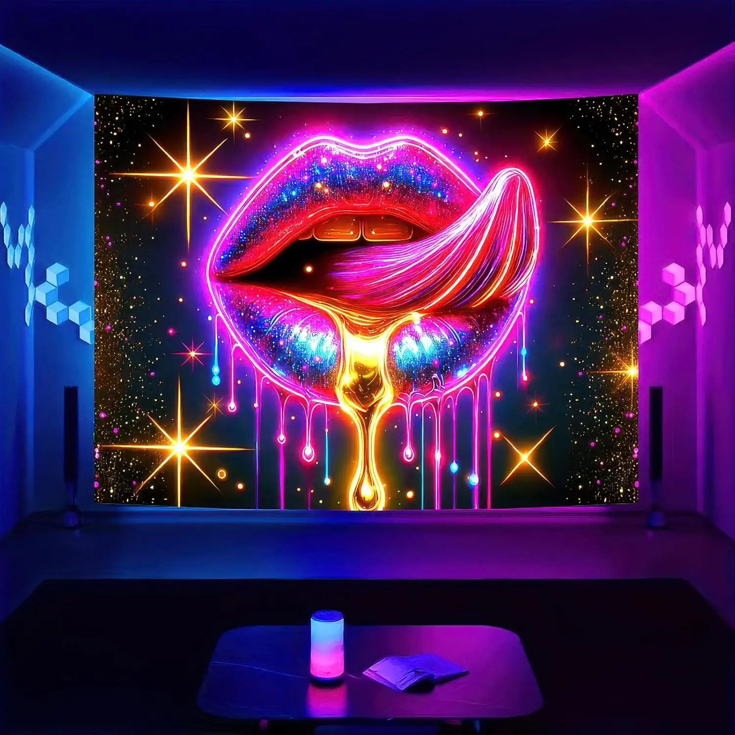 Neon Lips Tapestry - Trippy Melting Mouth Wall Art, Glittery Starry Decor, Psychedelic Room Bedroom, Multiple Sizes