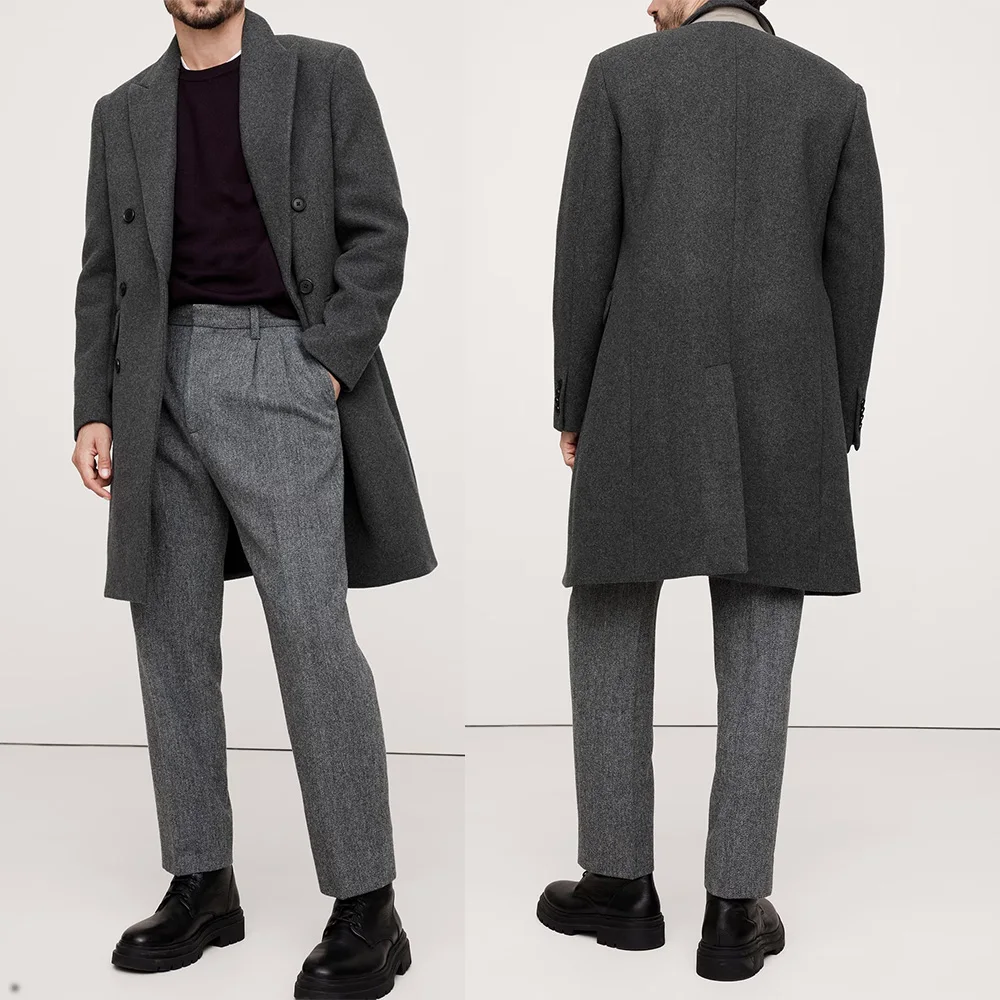 Dunkelgrauer Herren-Woll-Tweed-Mantel, zweireihig, Winter-Trenchcoat in Übergröße, maßgeschneiderter Blazer für formelle Freizeitkleidung