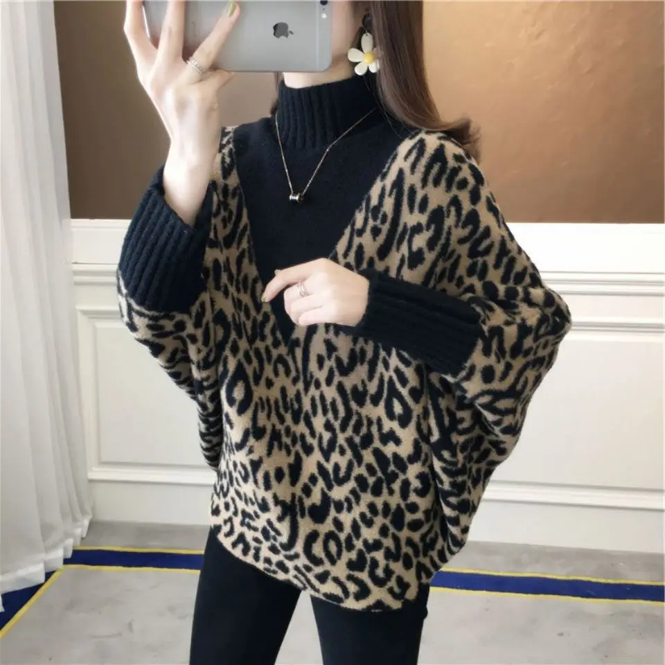 Suéter de lana para mujer, Jersey suelto de cuello alto, camisa de murciélago de punto, patrón de leopardo, Tops de moda occidental, otoño e invierno, nuevo