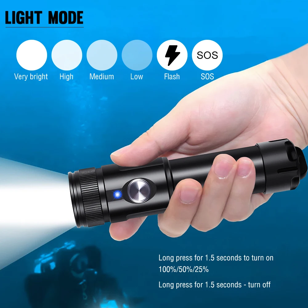 Asafee T21 SST40 2000LM Super Bright Diving Flashlight Photography Torch Portable Dive Spotlight 80m Depth Rechargeable view 3