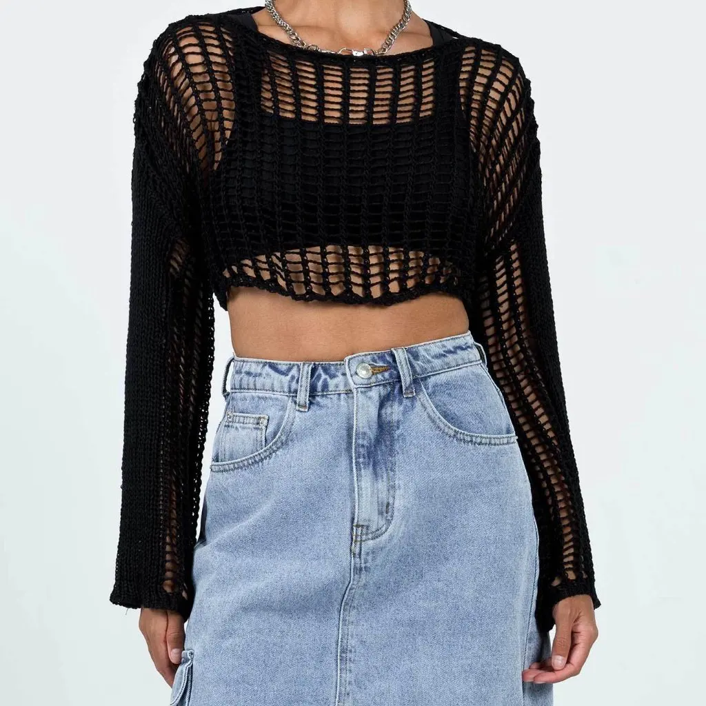 

Женская летняя элегантная солнцезащитная блузка с длинными рукавами и круглым вырезом, ажурный вязаный топ для повседневной носки