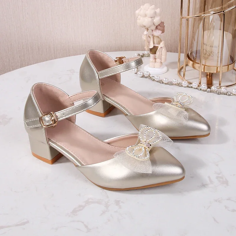 Anti Slip Girls Princess Leather Shoes Children's High Heel 2027 New Sequins Bow Design Kids Footwear for Party Wear