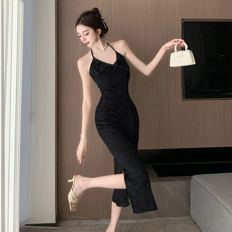 

50-150 кг плюс размер Cheongsam с открытой спиной и цветочным принтом в китайском стиле, вечернее платье с v-образным вырезом на подтяжках, длинные платья Ципао, уличная одежда