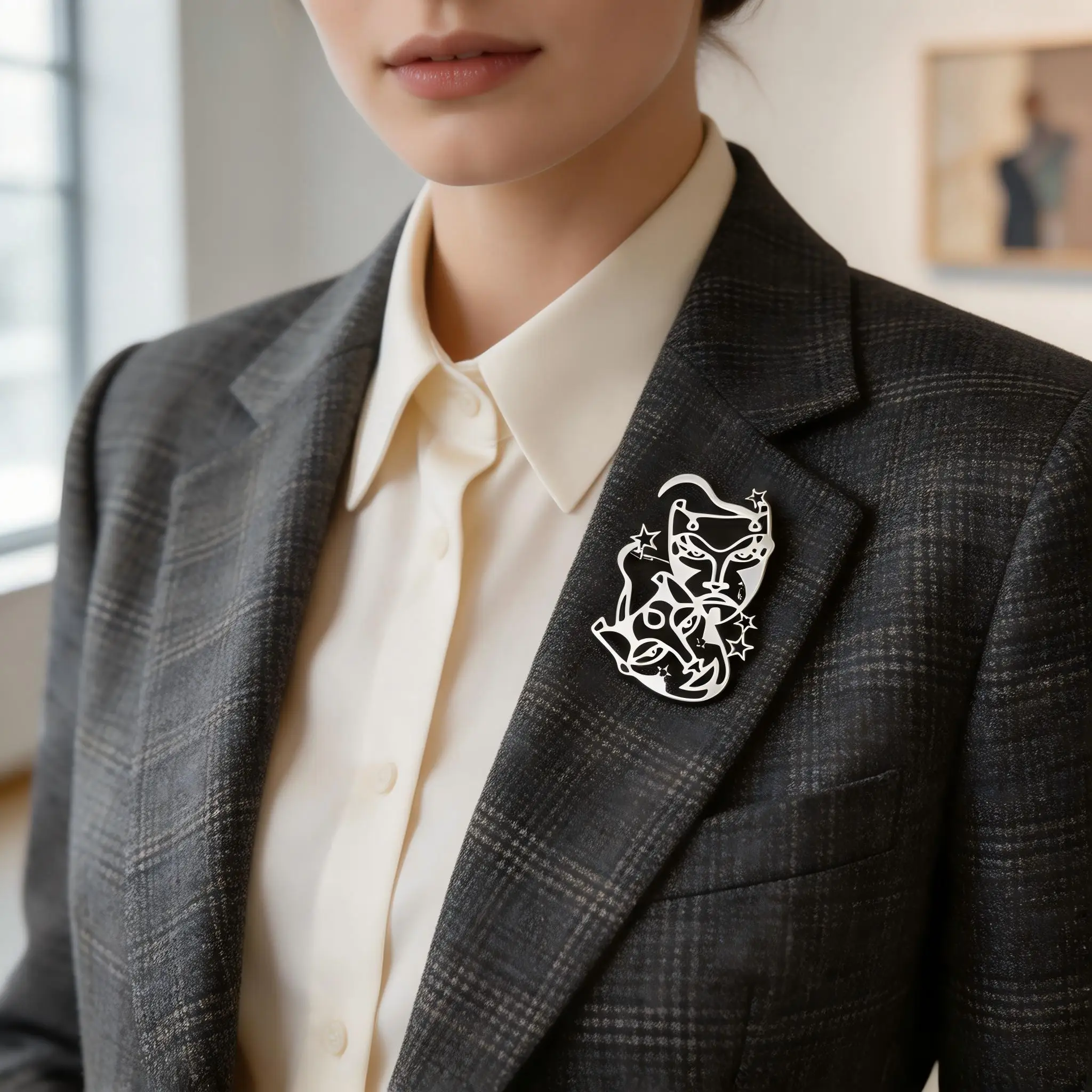 Abstract Face Brooch Gold Tone 316L Stainless Steel Geometric Art Pin, Minimalist Suit Lapel Badge