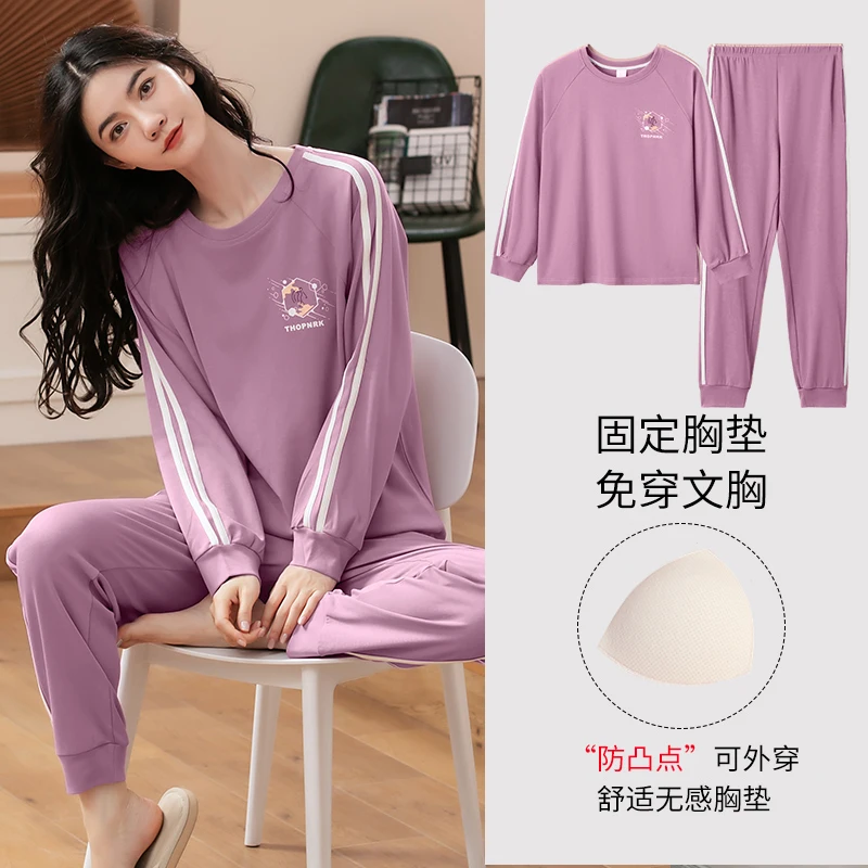 Newest Spring Sleepwear With Chest Pad Women 100% Cotton Long Sleeve Pajamas Set