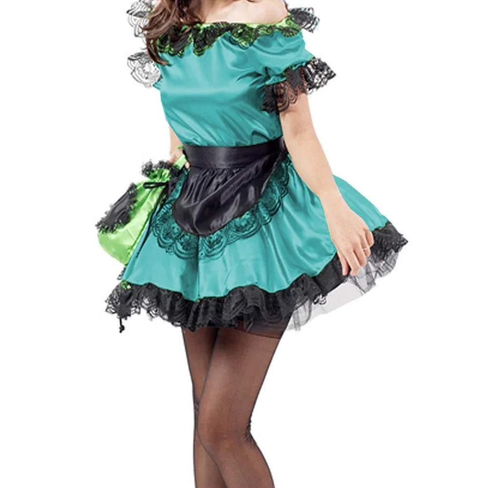 PU Leather Black Lace Trim Maid Lolita Sets with Apron Boat Neck Short Sleeve Skintight Short Dress Carnival Halloween Costumes