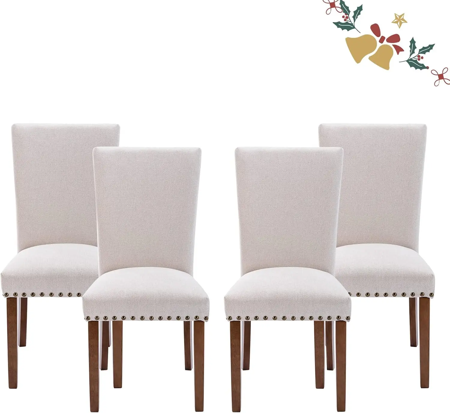 Parsons Juego de 4 sillas de comedor tapizadas con cabezal de clavos, silla auxiliar de cocina para comedor con cojines gruesos y patas de madera, color beige