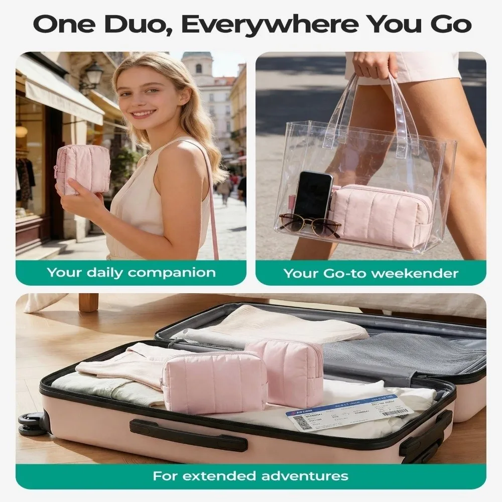 Large & Small Makeup Bag Set Large Capacity Puffy Cosmetic Organizer Water-resistant Portable Travel Toiletry Bag for Women