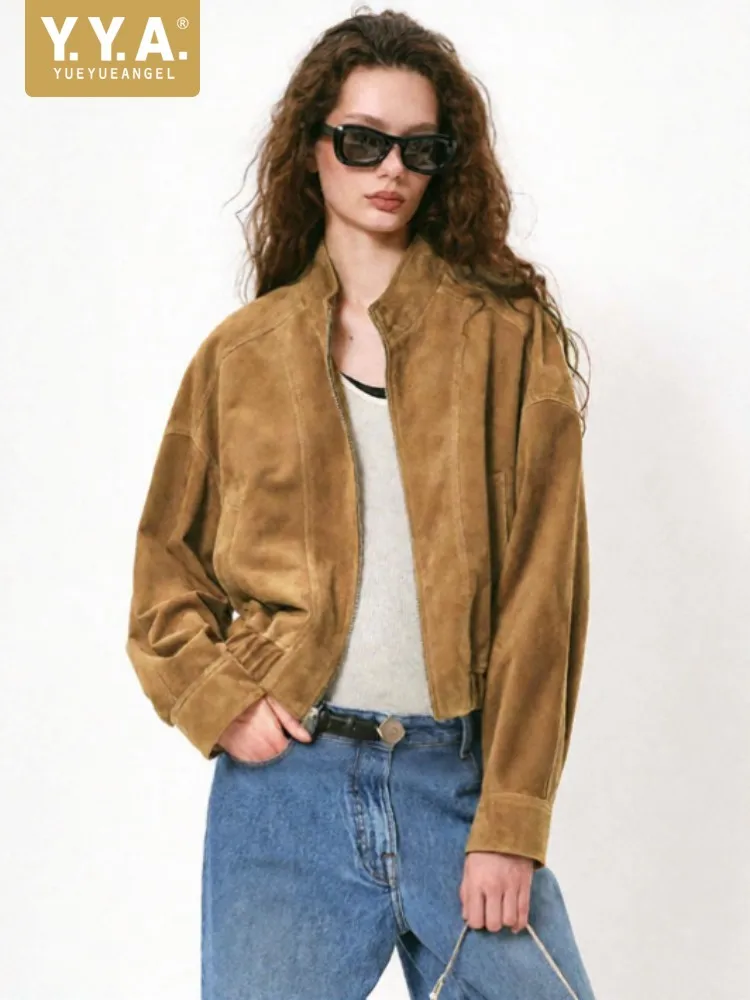 2026 Autumn Womens Sheep Suede Short Jacket Casual Stand Collar Zipper Genuine Leather Solid Color Outerwear Work Ladies Coats