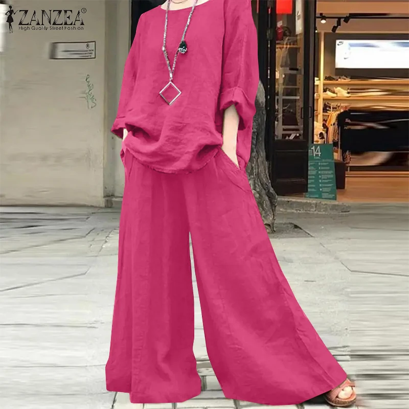 Fashion ZANZEA Street Tracksuit 2026 Spring Outfits Women Matching Sets Casual O Neck Long Sleeve Tops Solid Wide Leg Pant Sets
