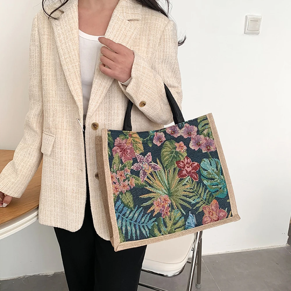 Large Capacity Burlap Tote Bag Vintage Flower Printed Top Handle Eco Shopping Bags Females Foldable Handbag Clutch Bag Hobo