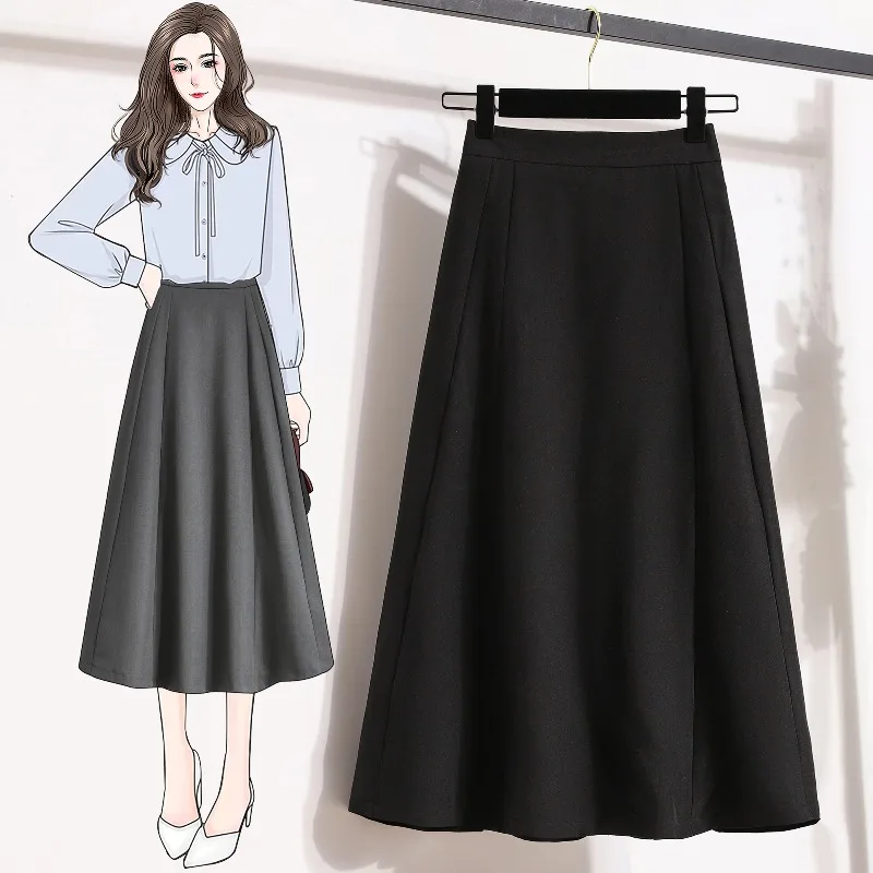 plus Size Autumn High Waist Midi Skirt A-Line Shape Conceals Belly for Women over 200 Pounds Korean Style Commute Dress