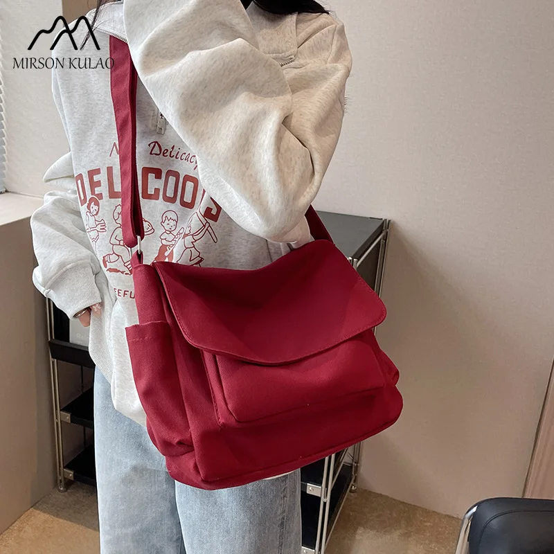 Bolsa crossbody japonesa monocromática simples, lona de ombro único, estilo Ins coreano, estudantes masculinos e femininos, bolsa mensageiro campus