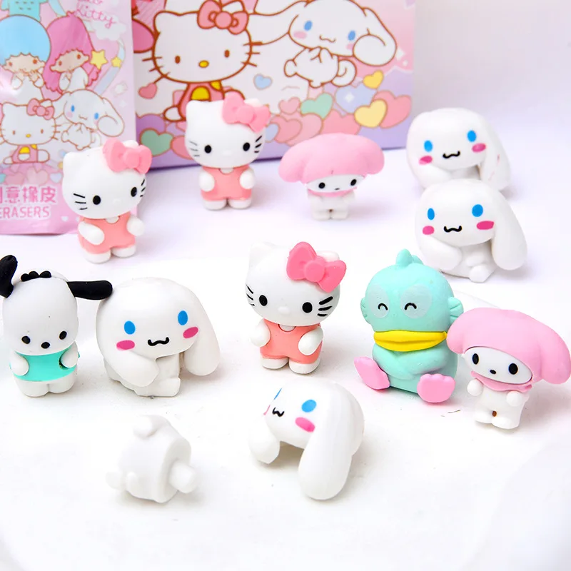 Sanrio Cartoon Mystery Box Hello Kitty My Melody Kuromi Cinnamoroll Detachable and Assemble-able 3D Erasers for Student Supplies