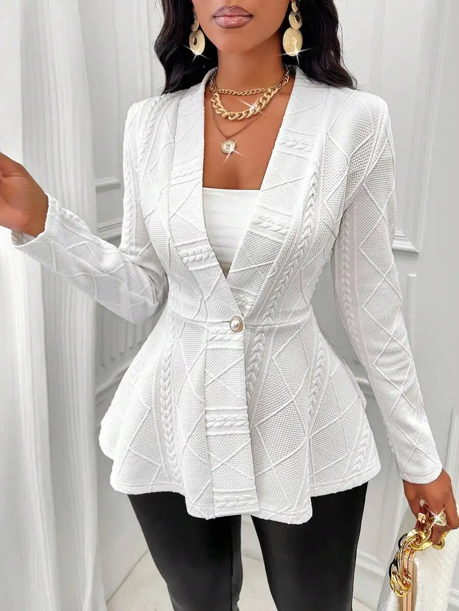 

White Textured Knit Single Button Peplum Jacket for Women Fall Winter