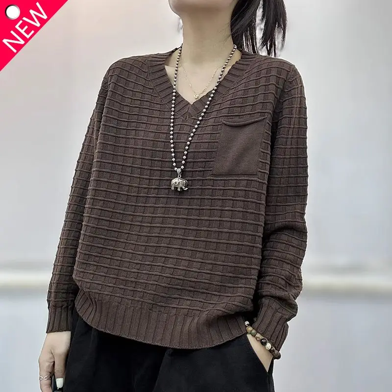 

Spring Autumn Women's Pullover V-Neck Solid Pocket Plaid Screw Thread Long Sleeve Sweater Knitted Office Lady Casual Tops