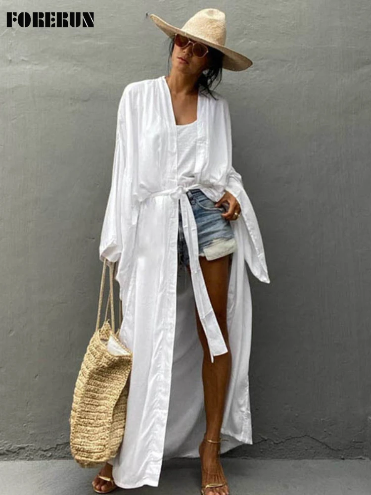 FORERUN Solid Beach Cover Up Women Bohemian Long Kimono Tunic Elegant Swimsuit Cape Swimwear Dropshipping