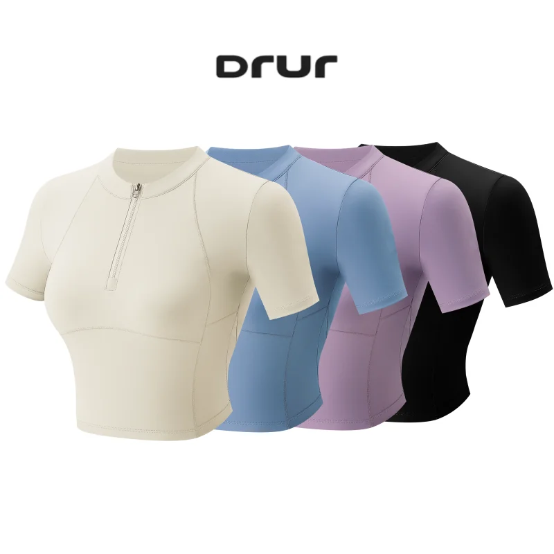 

DRUR Women Summer Yoga Tank Top Slim Fit Half Zip Short Sleeve Running Shirt Breathable Moisture Wicking Sportswear Gym Clothes