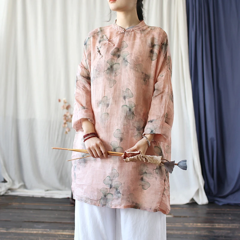 

Chinese Style Women Long Sleeve Linen Blouse Shirt New 2025 Vintage Mandarin Collar Loose Female Casual Tops Shirts M1279