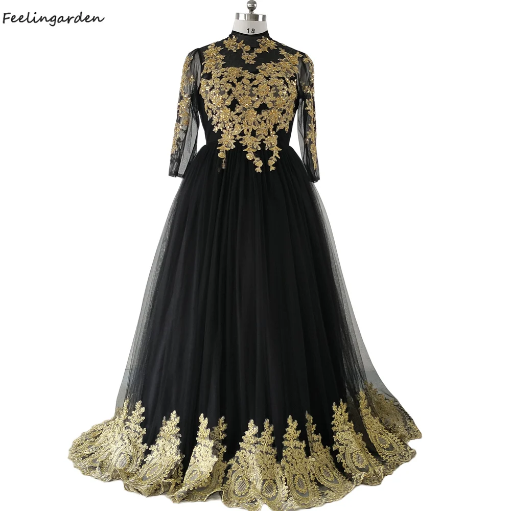 

Feelingarden Evening Dress Black Tulle Golden Appliques High neck Lace up Floor-length A-lin Plus size Women Party Dresses ZP029