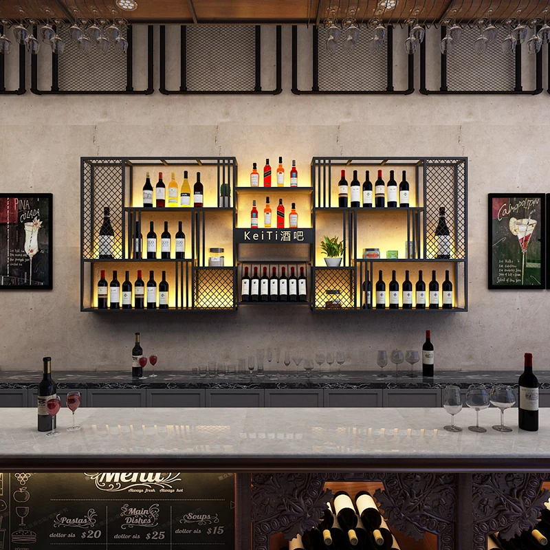 Wall shelf Bar counter Wine cabinet Restaurant Wrought iron wine rack Wall mounted display rack