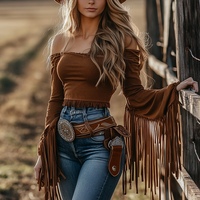 T-shirts Women Off Shoulder Solid Long Sleeve Tassel Summer Autumn Retro Slim Fit Casual Daily Simple Sexy Streetwear Tops Tee